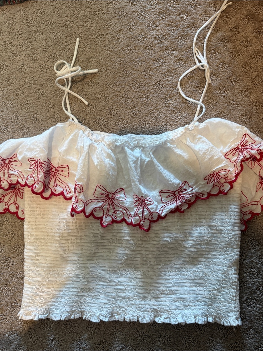 Francesca's White Crop Top with Red Bow Embroidery